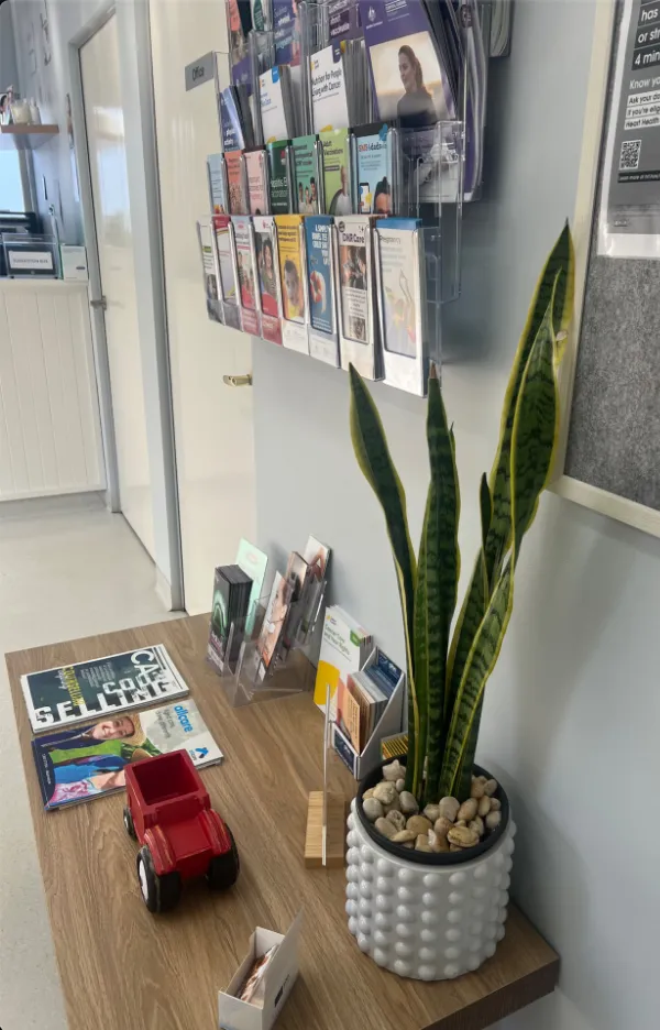 The waiting area at Warrawong General Practice: brochure racks, a timber shelf and a snake plant
